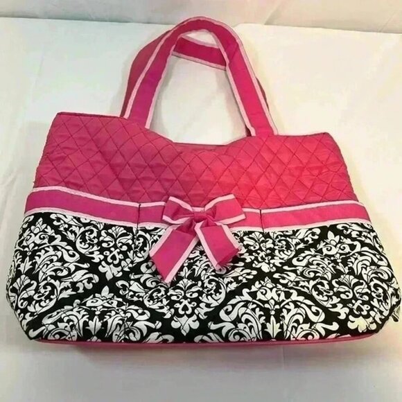 EVER MODA PINK BLACK WHITE QUILTED PURSE TOTE POCKETS BOW - Picture 1 of 7
